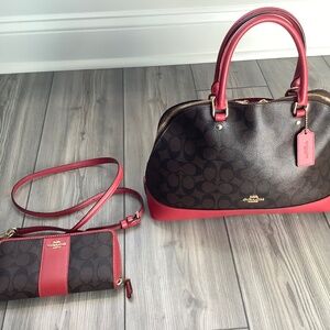 Coach F27584 Sierra Signature Satchel Handbag - Red/Brown with matching Wallet
